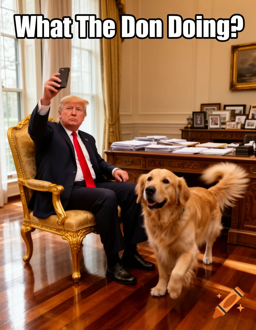 Donald Trump sits in a gold chair, holding a phone for a selfie, while a Golden Retriever walks by in an office. Text reads "What The Don Doing?"