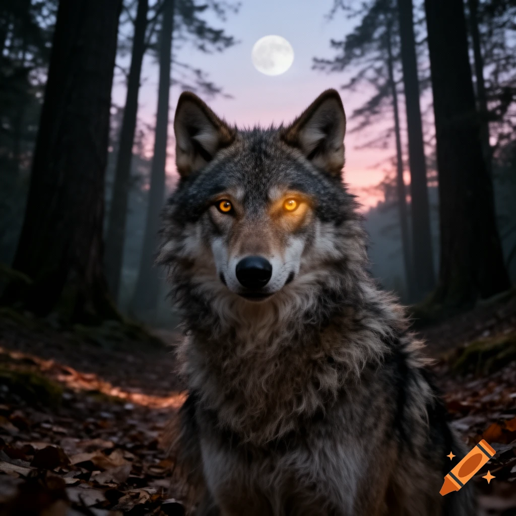 Close-up of a wolf with bright orange glowing eyes, sitting in a dark ...