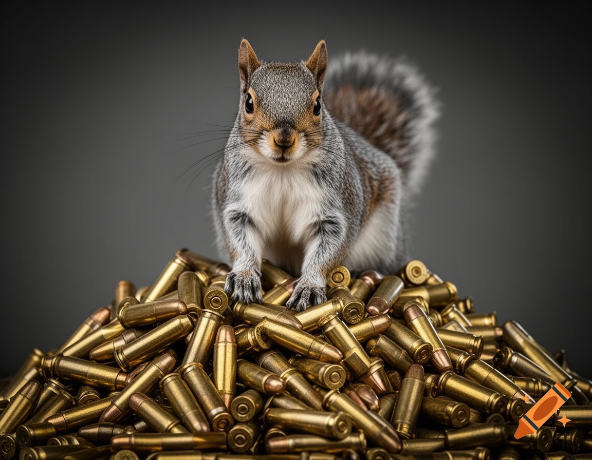 Adult gray squirrel sitting confidently on a large pile of brass bullet casings against a dark background, dramatic lighting, photorealistic.
