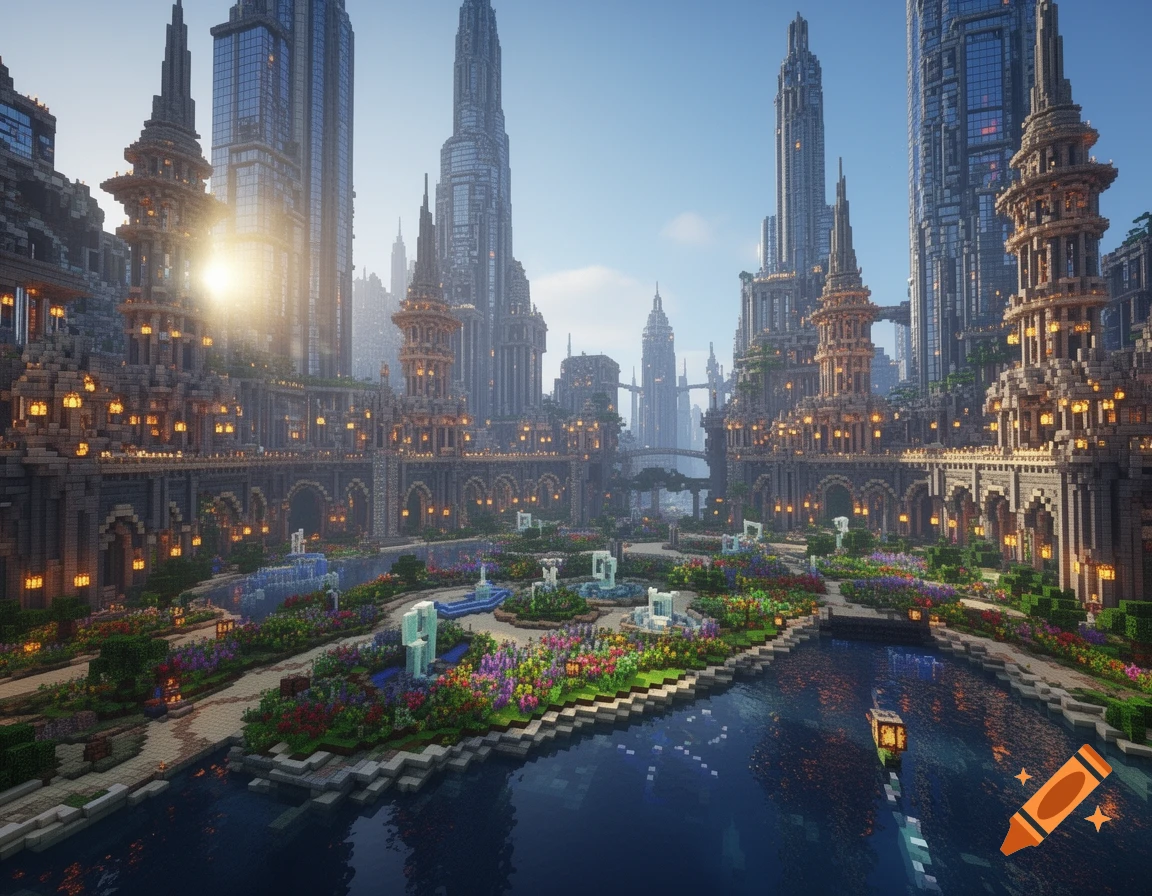 Minecraft Rustic Megabase A detailed Minecraft megabase with tall modern and fantasy-style ...