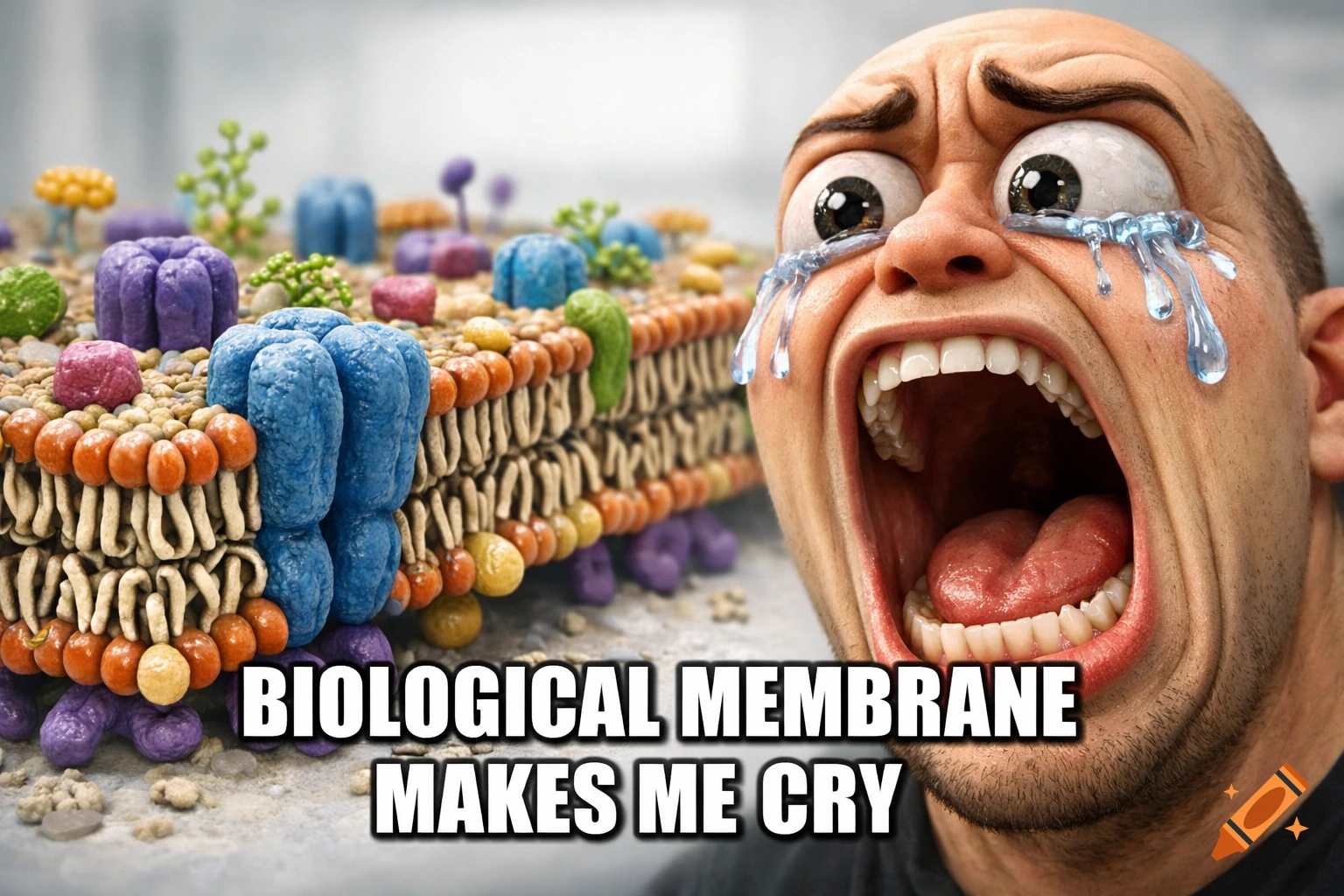 A cartoonish bald man cries profusely next to a detailed 3D model of a biological membrane, with text 'BIOLOGICAL MEMBRANE MAKES ME CRY'.