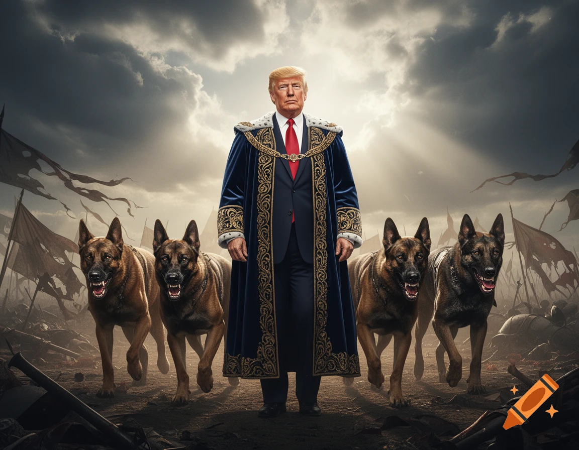 Donald Trump in a regal blue and gold robe stands majestically on a battlefield under a dramatic sky, flanked by four snarling German Shepherd-like dogs.