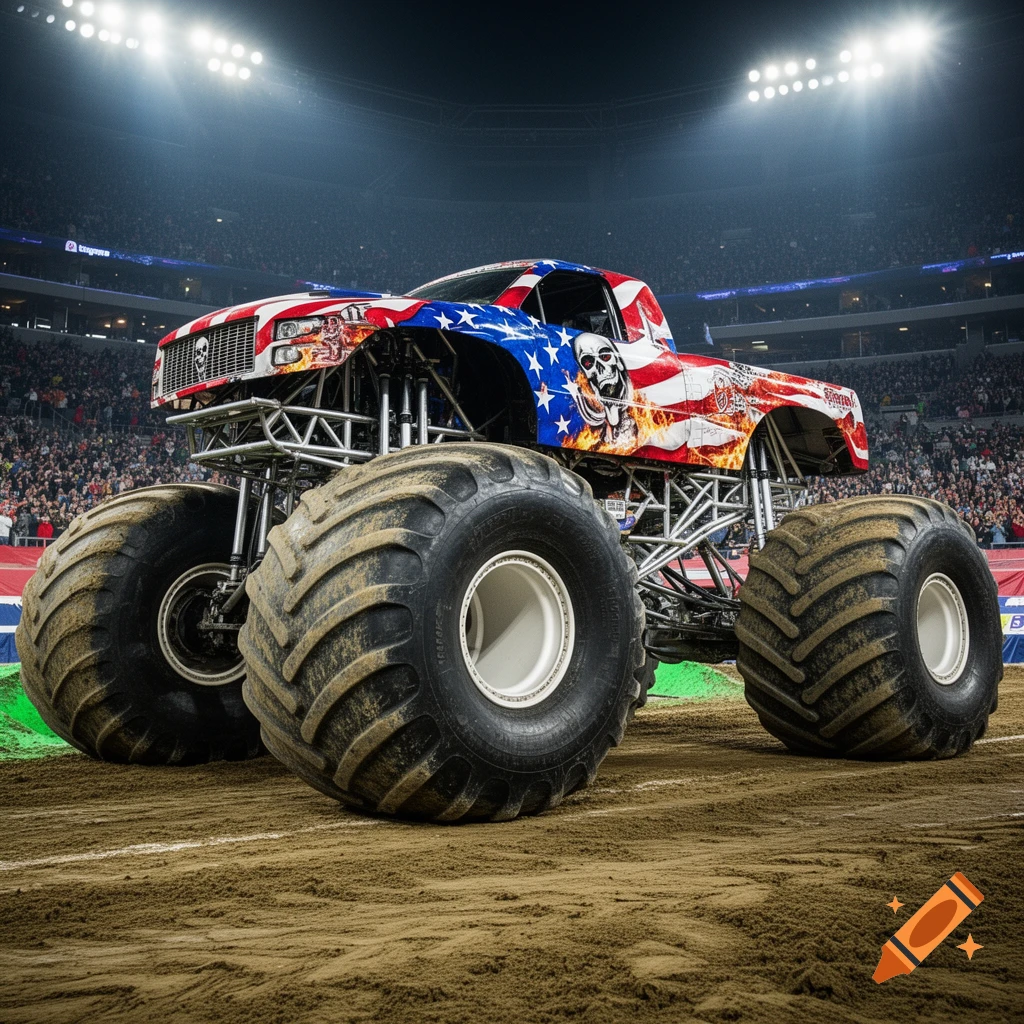 A patriotic monster truck with an American flag and skull design sits in a dirt arena under stadium lights during a show.