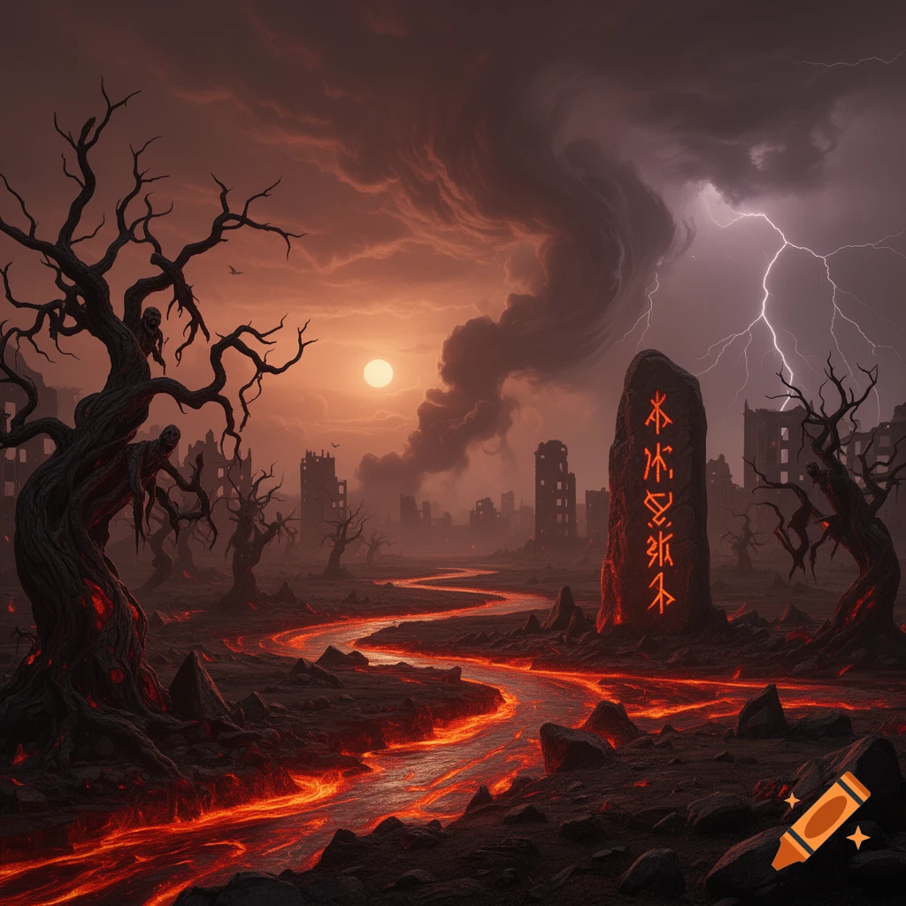 A dark, apocalyptic landscape with a lava river, dead trees, and ruined buildings under a stormy, orange sky with lightning. A stone monolith with glowing runes stands in the middle.
