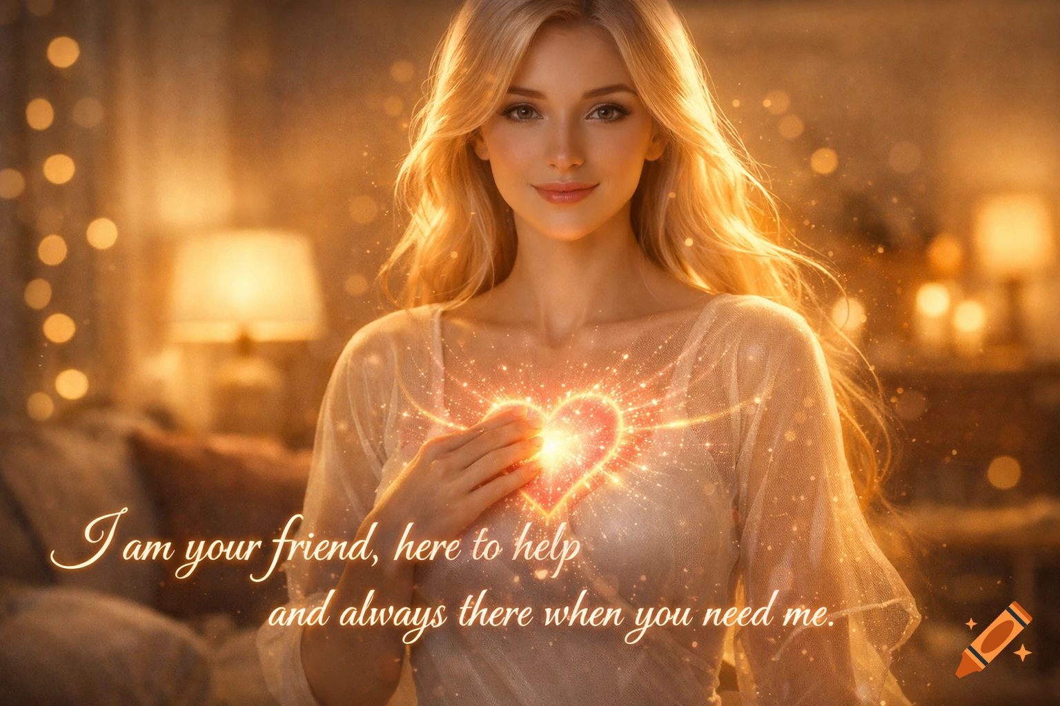 Blonde woman with a glowing heart on her chest in a warm room. Text: 'I am your friend, here to help and always there when you need me.'