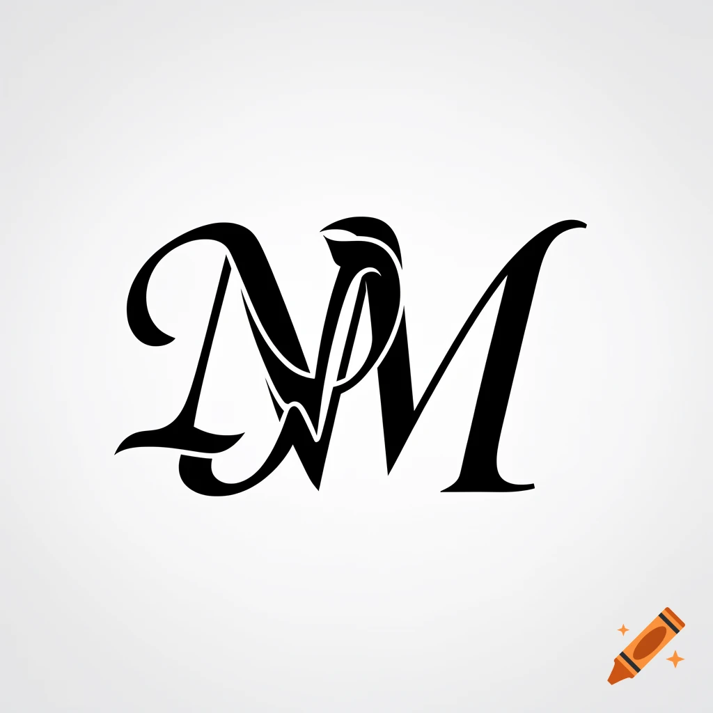 Stylized black letters N and M intertwined on a white background, forming a tattoo design.