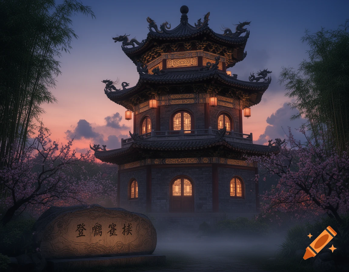 A traditional Chinese pagoda with lit lanterns at dusk, surrounded by cherry blossoms and bamboo. A stone with Chinese text is in the foreground.