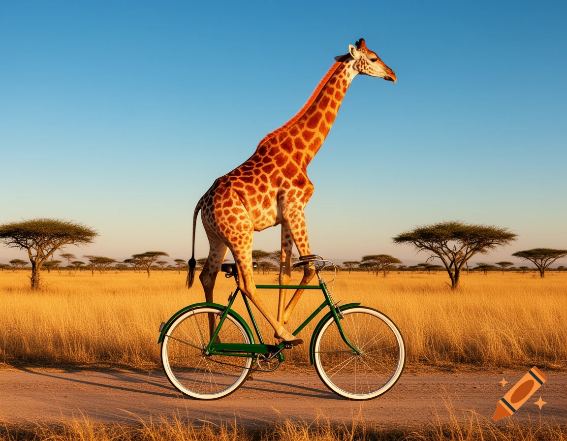 Giraffe Rides Jpeg File A photorealistic image of a giraffe riding a green bicycle on a dirt ...
