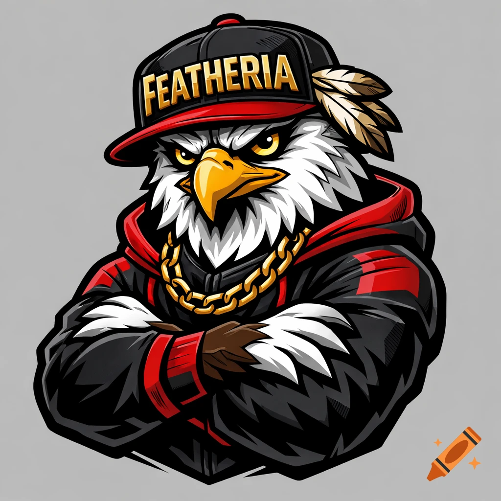A fierce eagle mascot in black and red streetwear, wearing a snapback cap with 'FEATHERIA' in gold, and a gold chain. Vector art style.