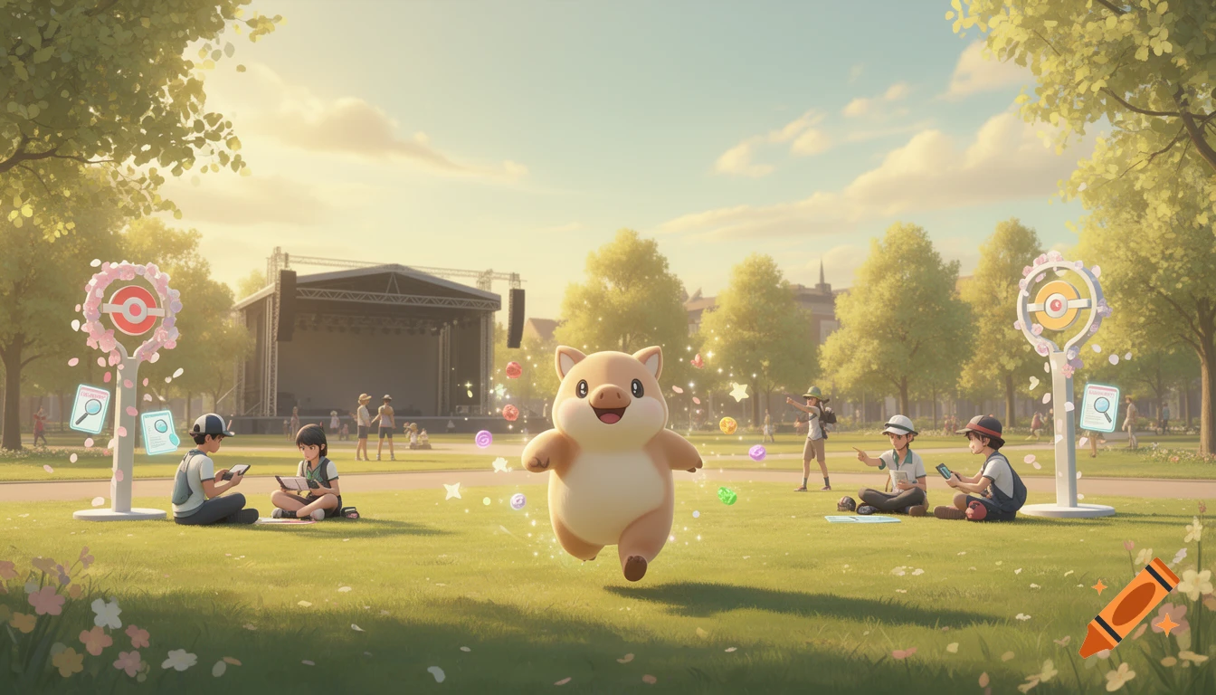 A happy, cartoonish pig-like Pokémon runs in a sunny park with people, trees, a stage, and Pokémon Go-like elements like PokéStops, in an animated style.