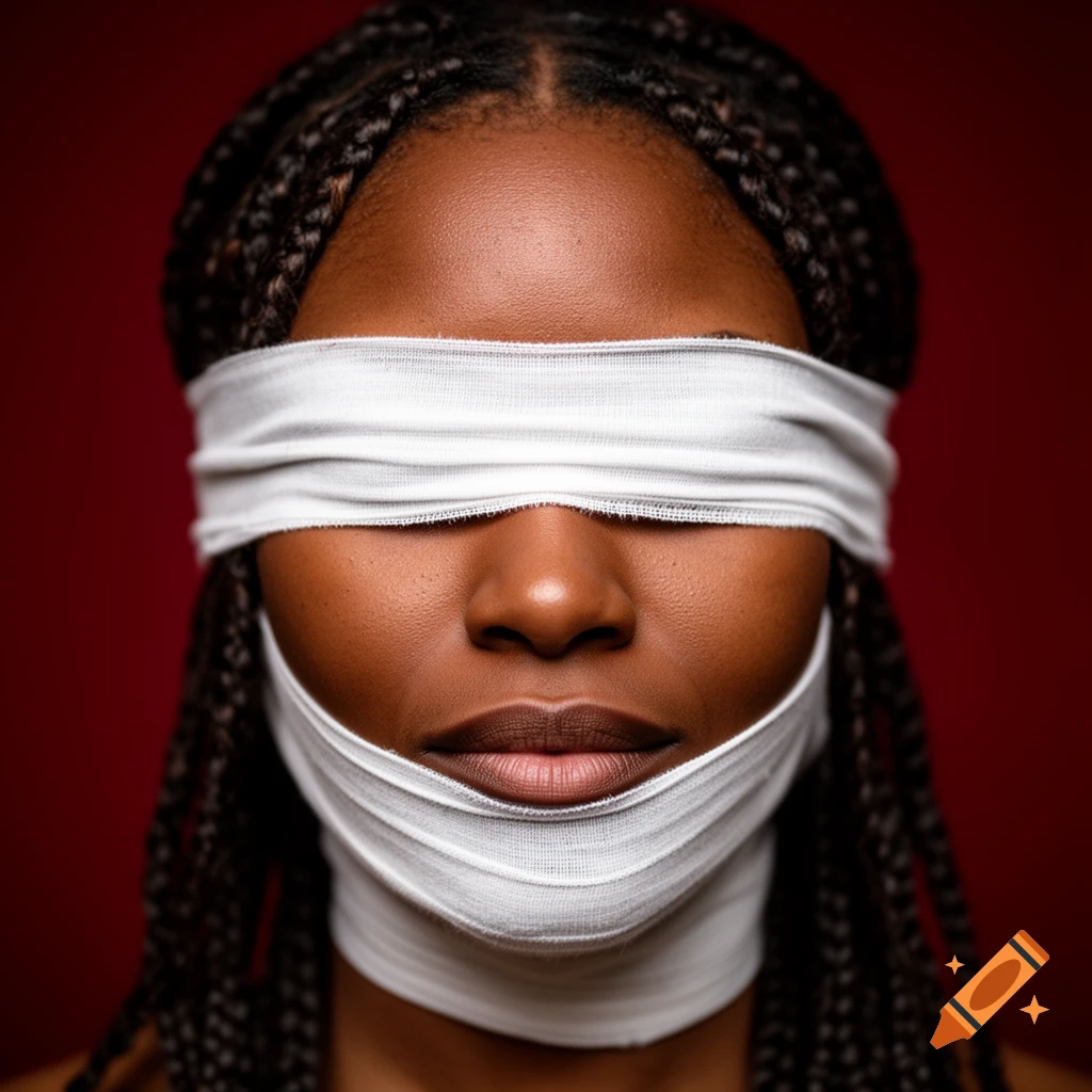 Close-up portrait of a dark-skinned woman with a white bandage blindfold and mouth gag, against a dark red background.
