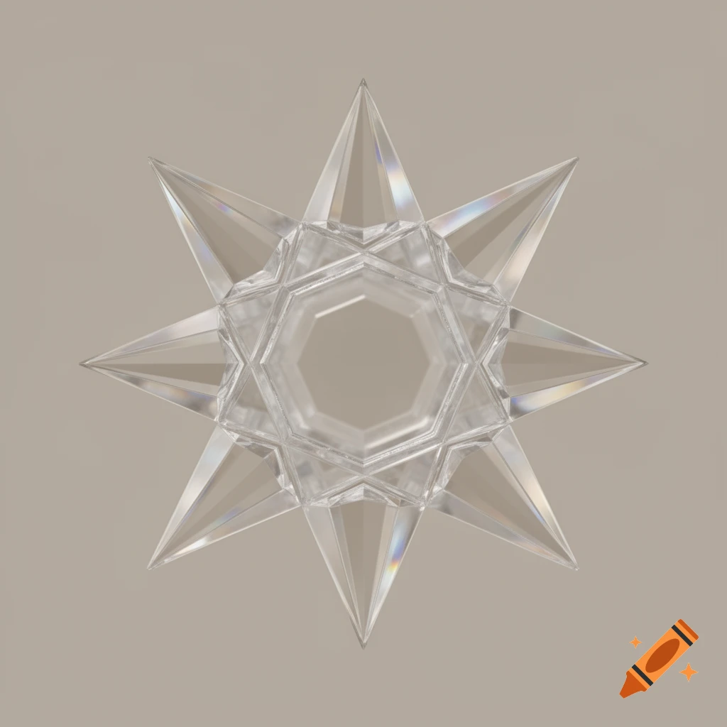 A clear, faceted star-shaped crystal with a hexagonal core and radiating spikes against a neutral background.