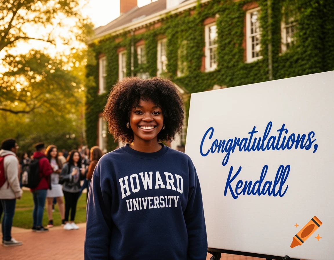 Smiling Black woman in a Howard University sweatshirt stands on campus next to a 'Congratulations, Kendall' sign, photorealistic.