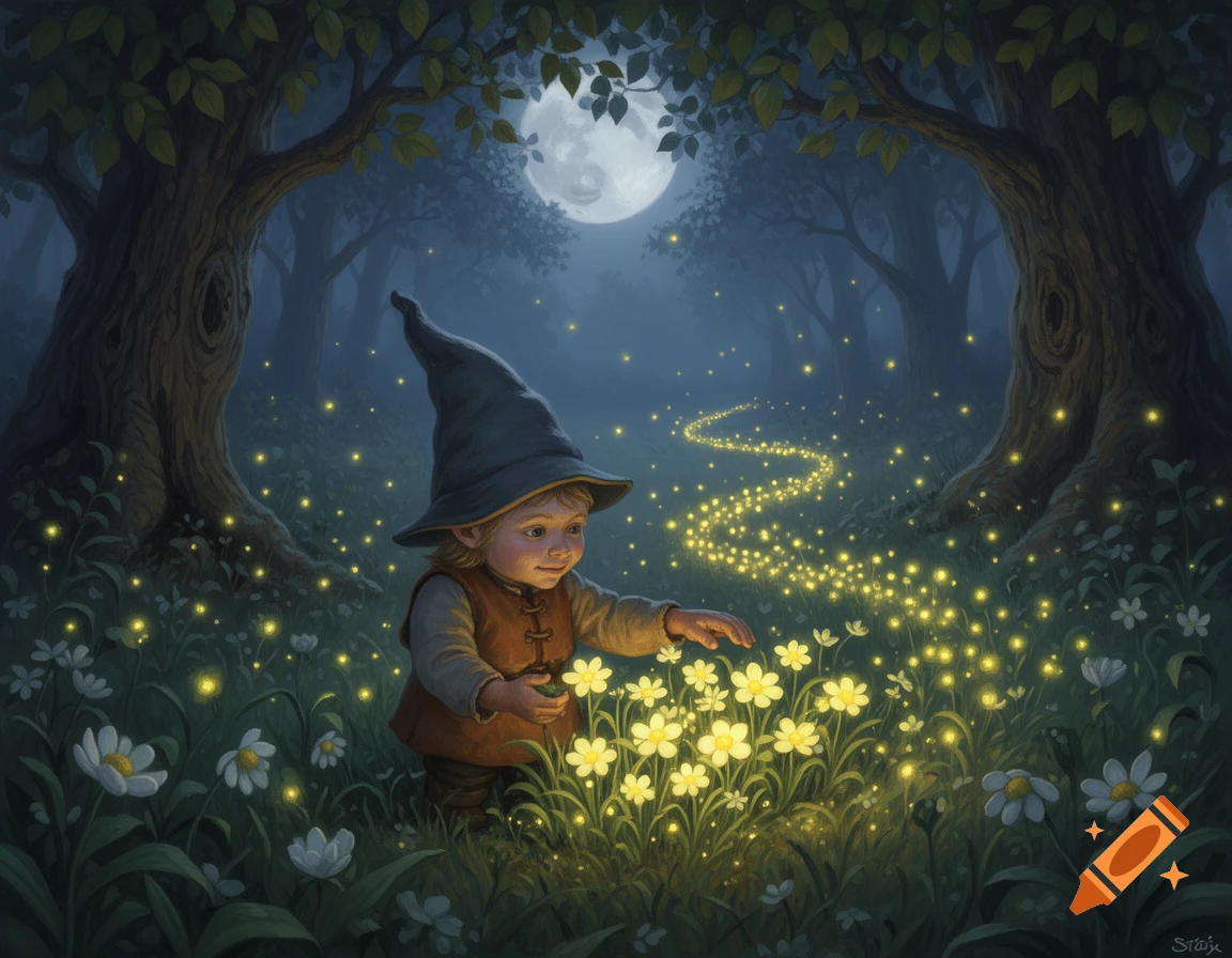 A small gnome in a pointed hat tends to glowing wildflowers in a moonlit fantasy forest with a path of fireflies.