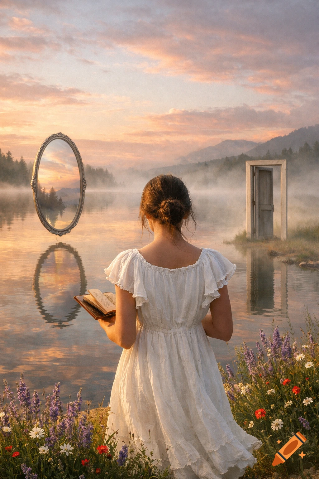 A woman in a white dress stands by a misty lake at sunrise, holding a book, with an oval mirror and open door in the water.