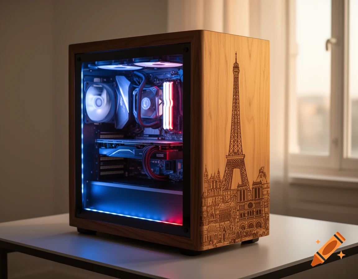 Wooden PC case with a glass side panel showing illuminated components and an engraved side featuring the Eiffel Tower and Paris skyline.
