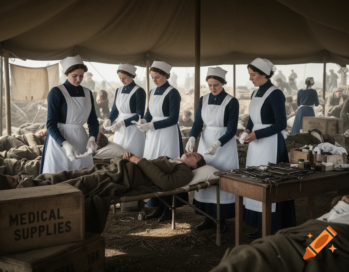Several war nurses in white aprons and blue dresses tend to wounded soldiers inside a medical tent. A box reads "MEDICAL SUPPLIES".