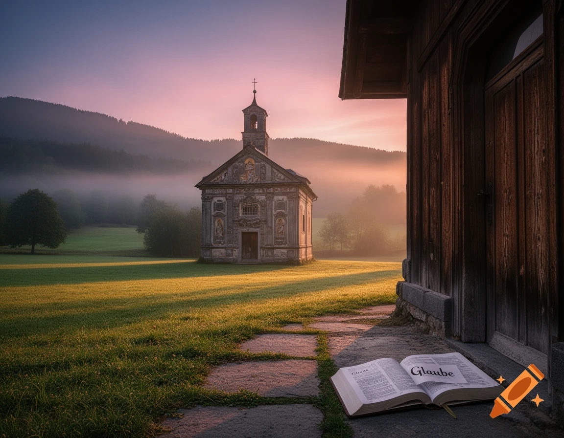 Photorealistic chapel in a misty, sunlit mountain landscape with an open book in the foreground.