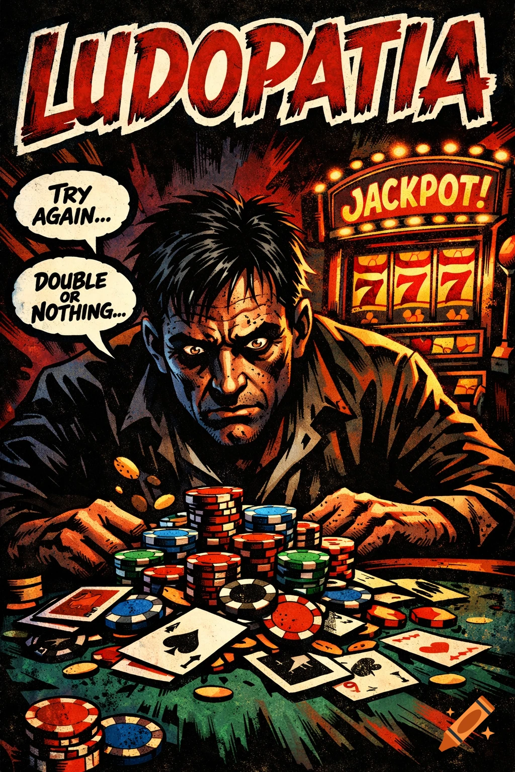 A distressed man intensely gambling at a table with poker chips and cards, a slot machine with 'JACKPOT!' in the background, in a bold comic book style. Text reads 'LUDOPATIA', 'TRY AGAIN...', and 'DOUBLE OR NOTHING...'.