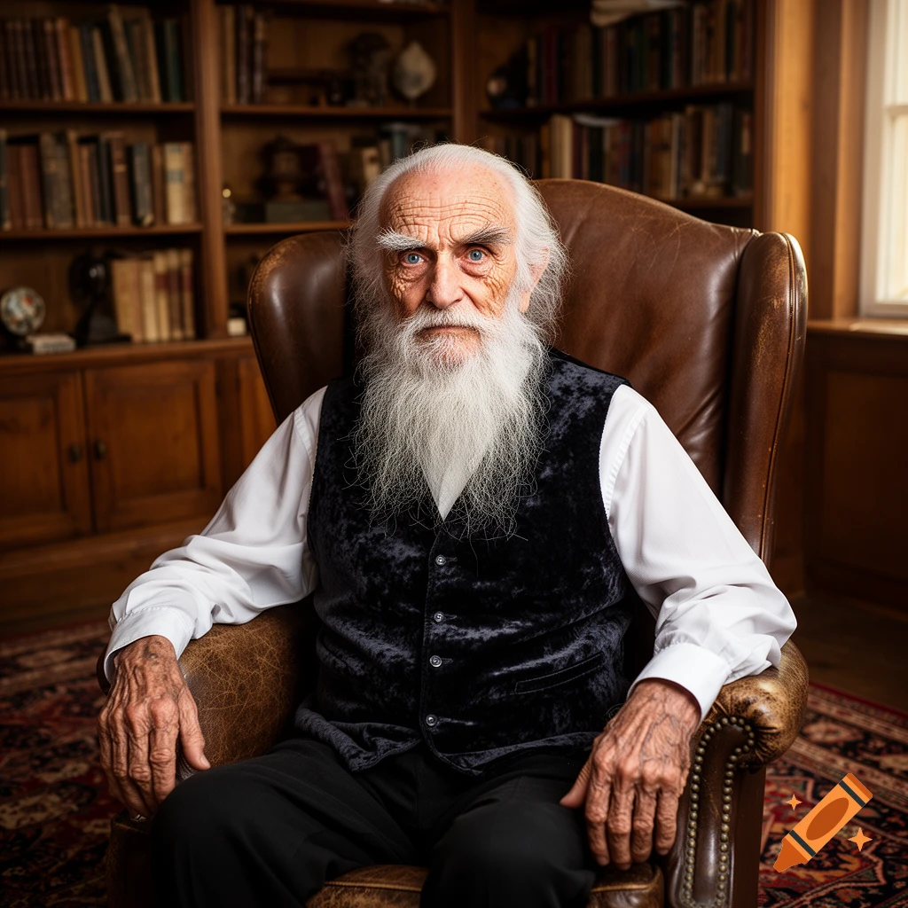 A photorealistic portrait of an elderly man with a long white beard, sitting in a leather armchair in a library.