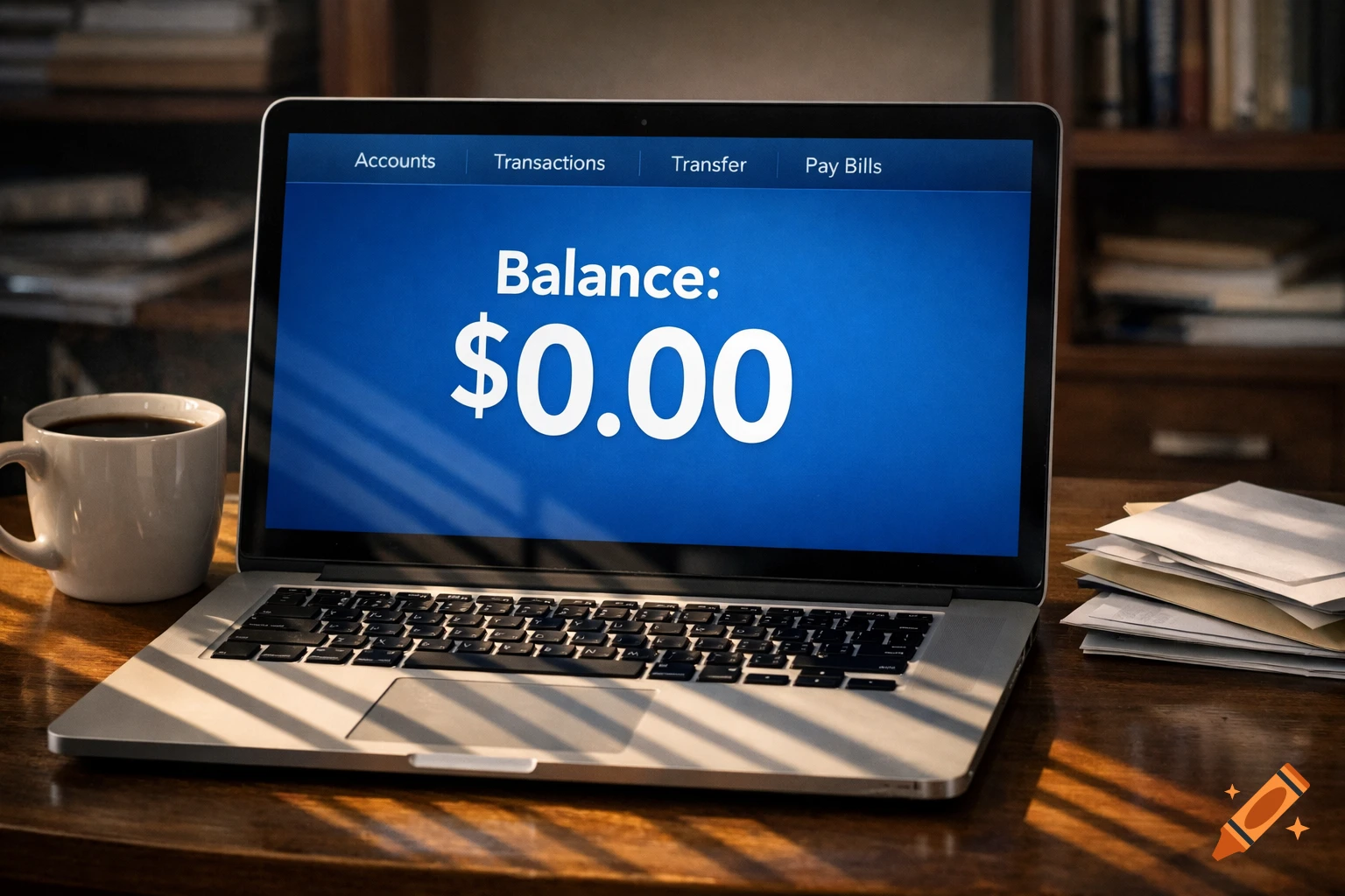 A laptop screen displays a bank balance of $0.00, next to a coffee cup and papers on a wooden desk.
