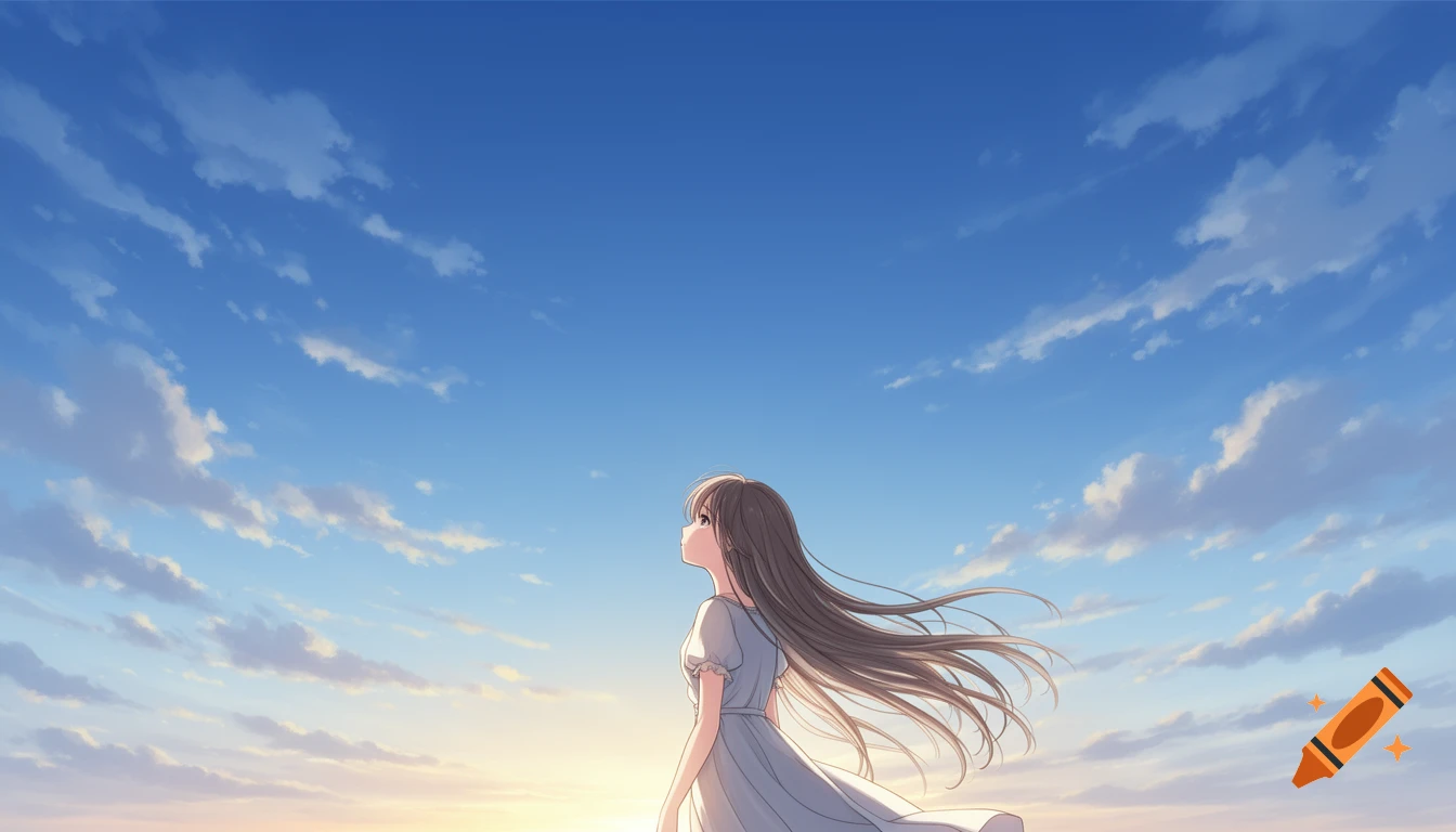An anime girl with long brown hair in a white dress looks up at a vast blue sky with soft white clouds, set against a low horizon.