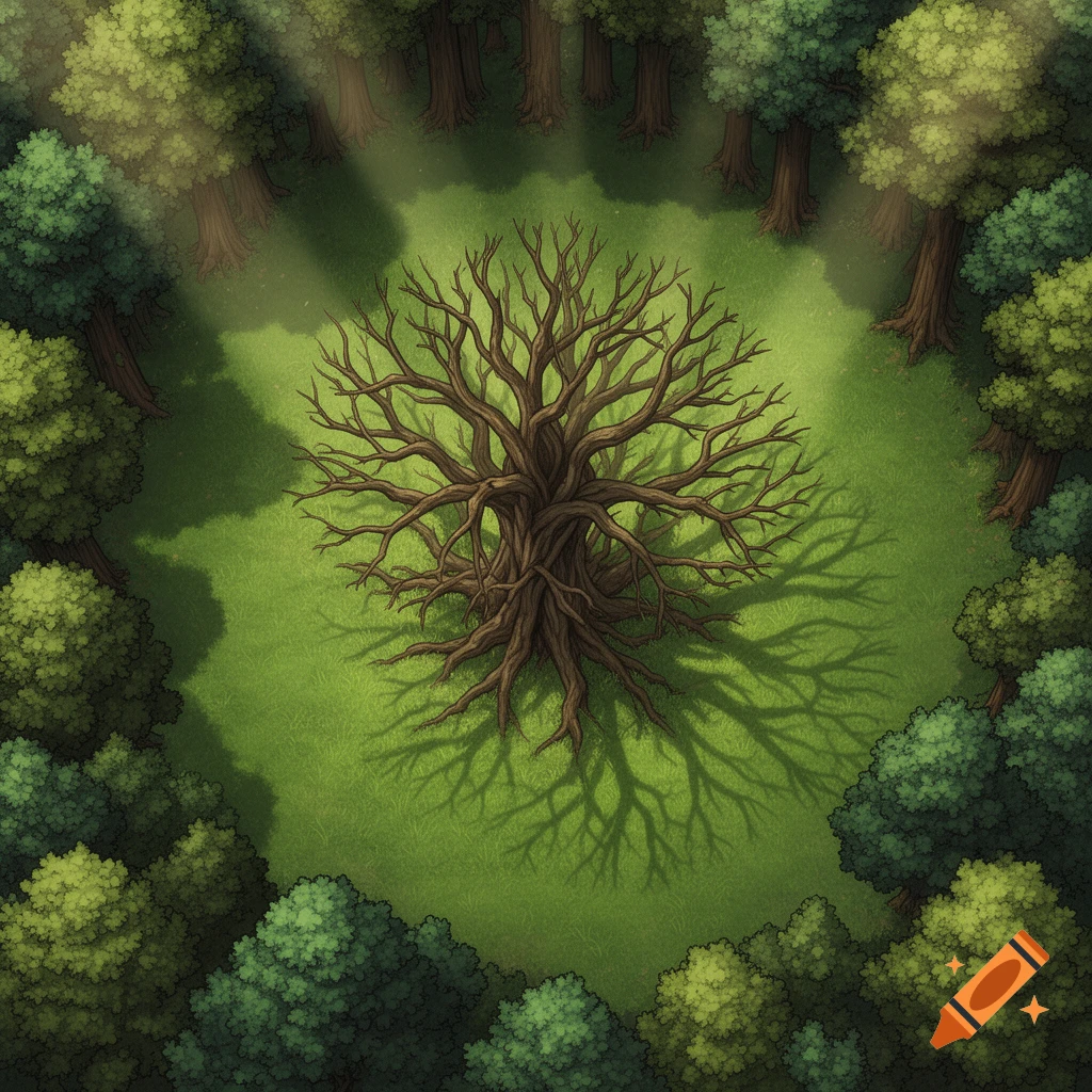 Top-down view of a leafless tree in a grassy clearing, encircled by a dense forest with sunlight rays, in a stylized, illustrative art style.