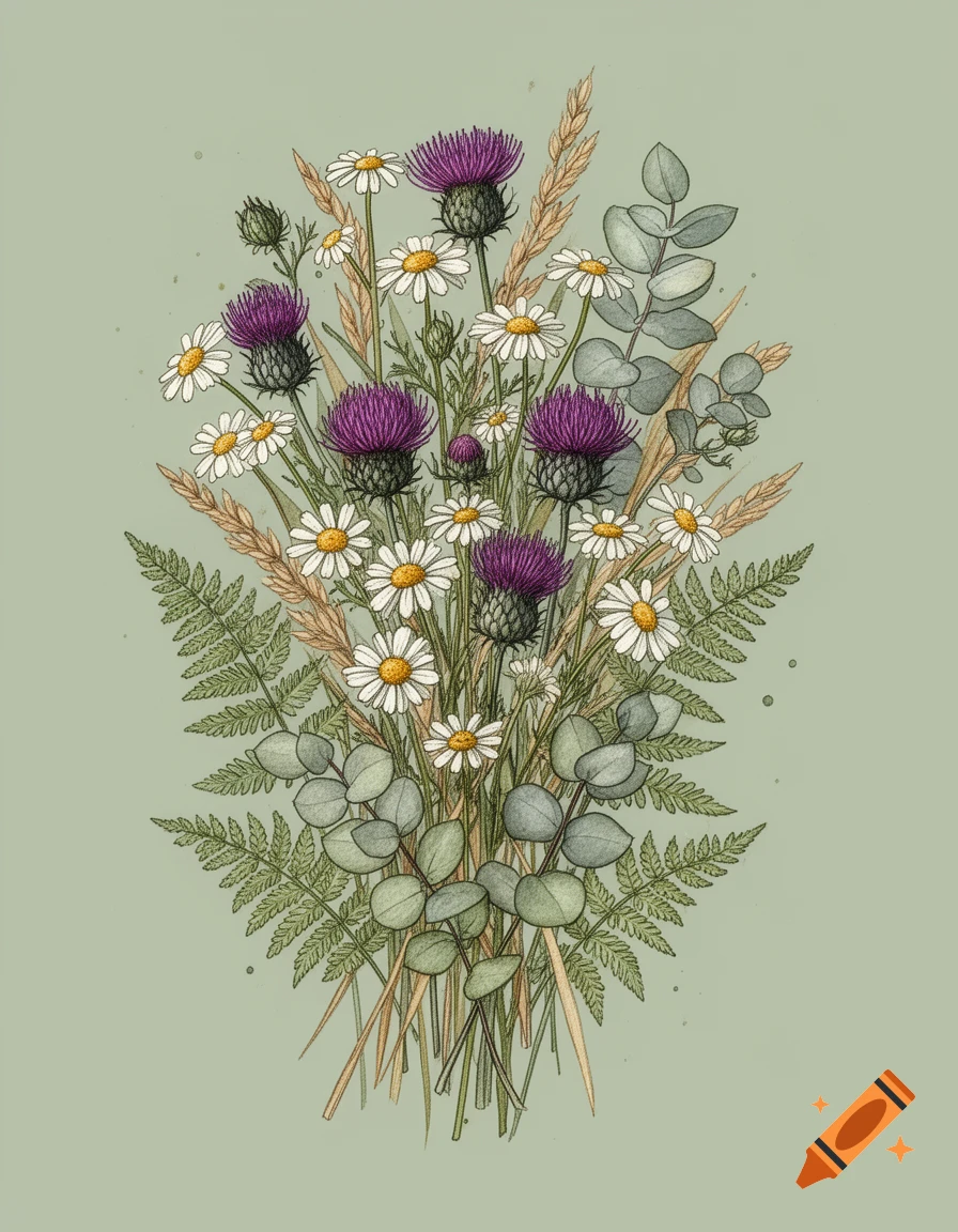 A whimsical watercolor and ink illustration of a rustic wildflower bouquet featuring purple thistles, white chamomile, ferns, eucalyptus, and dried grasses on a sage green background.