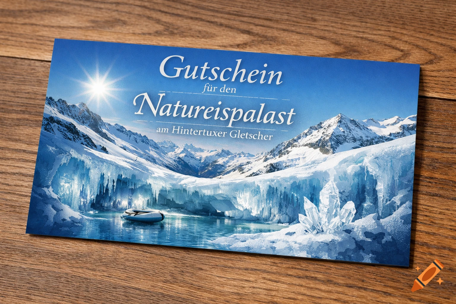 Photorealistic voucher for a Nature Ice Palace at Hintertux Glacier, featuring snowy mountains and ice formations.