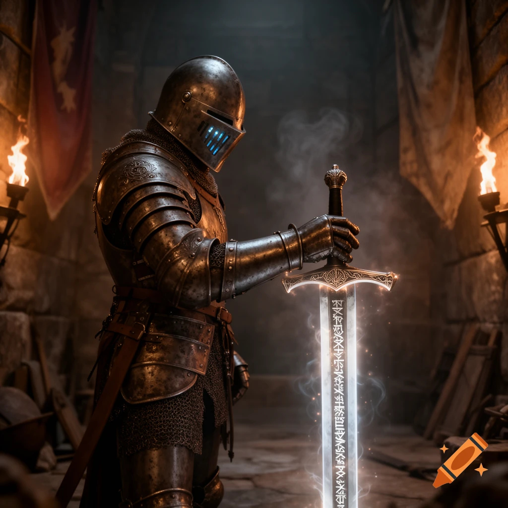 A knight in full plate armor holds a glowing, runic sword in a dark, torch-lit stone chamber, dark fantasy style.
