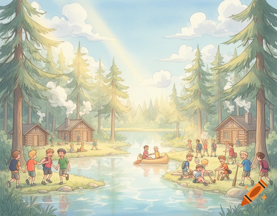 A watercolor illustration shows many children at a summer camp by a lake, with log cabins and pine trees under a sunny sky.