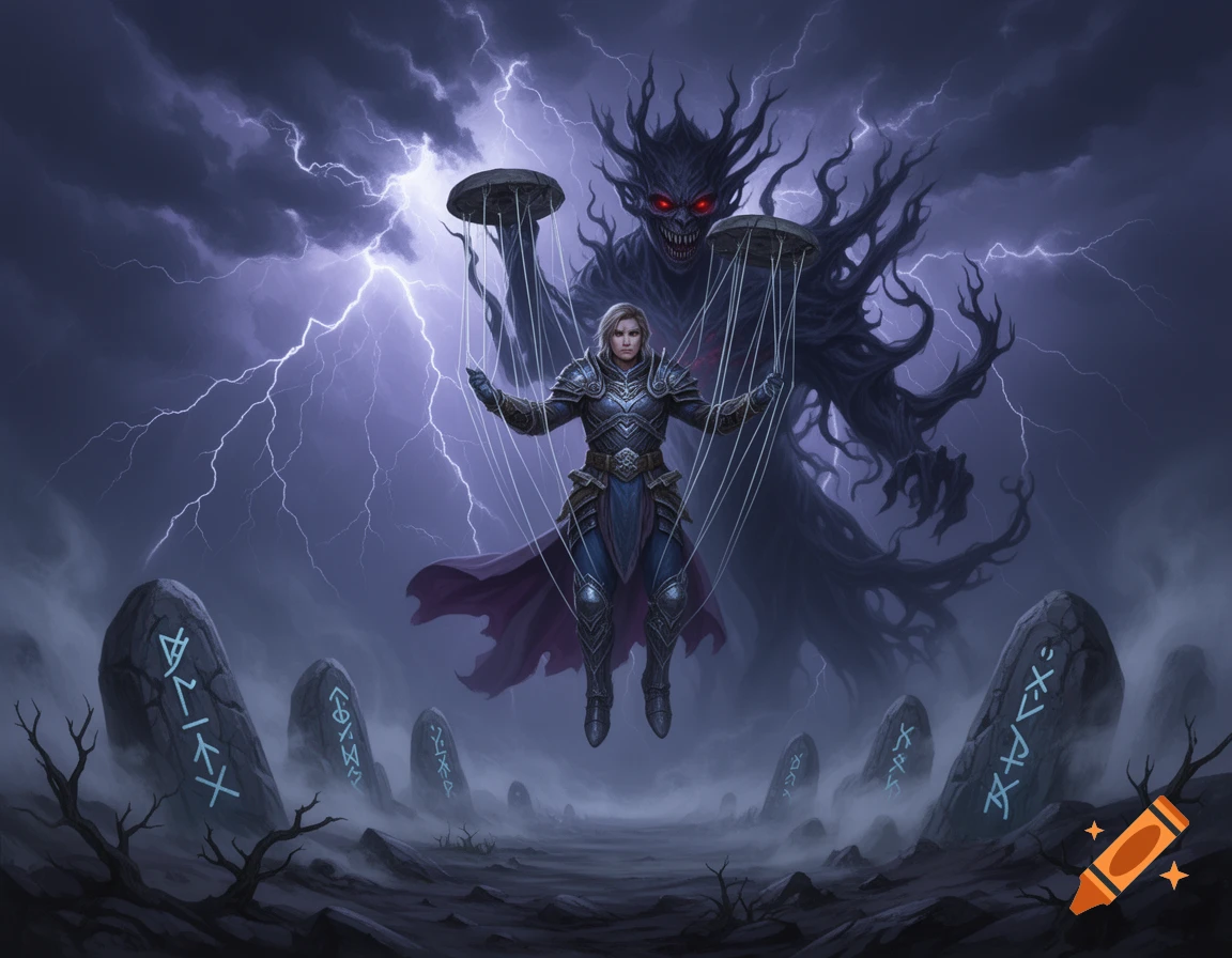 An armored figure puppeted by a shadowy demon, suspended over a stormy graveyard with lightning and rune stones.