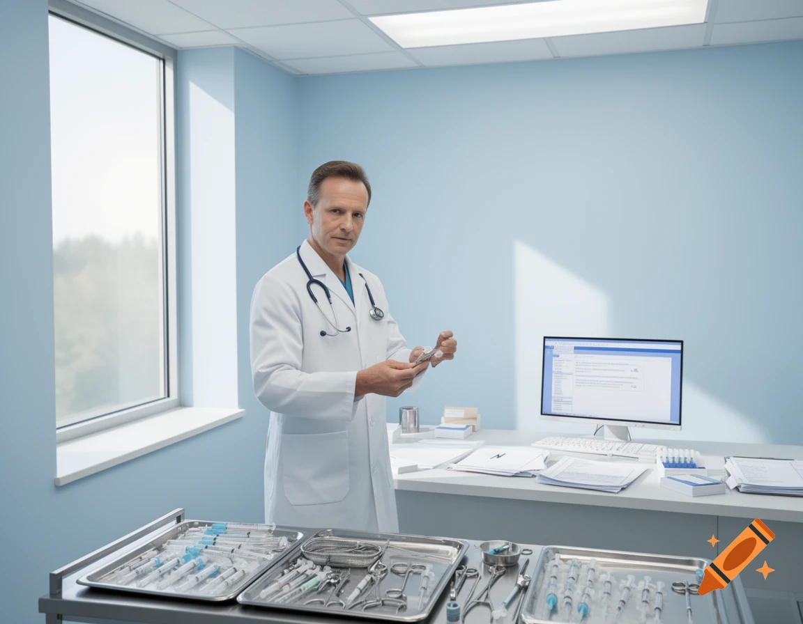 Photorealistic image of a male doctor in a white coat and stethoscope, standing in a medical office, holding instruments.