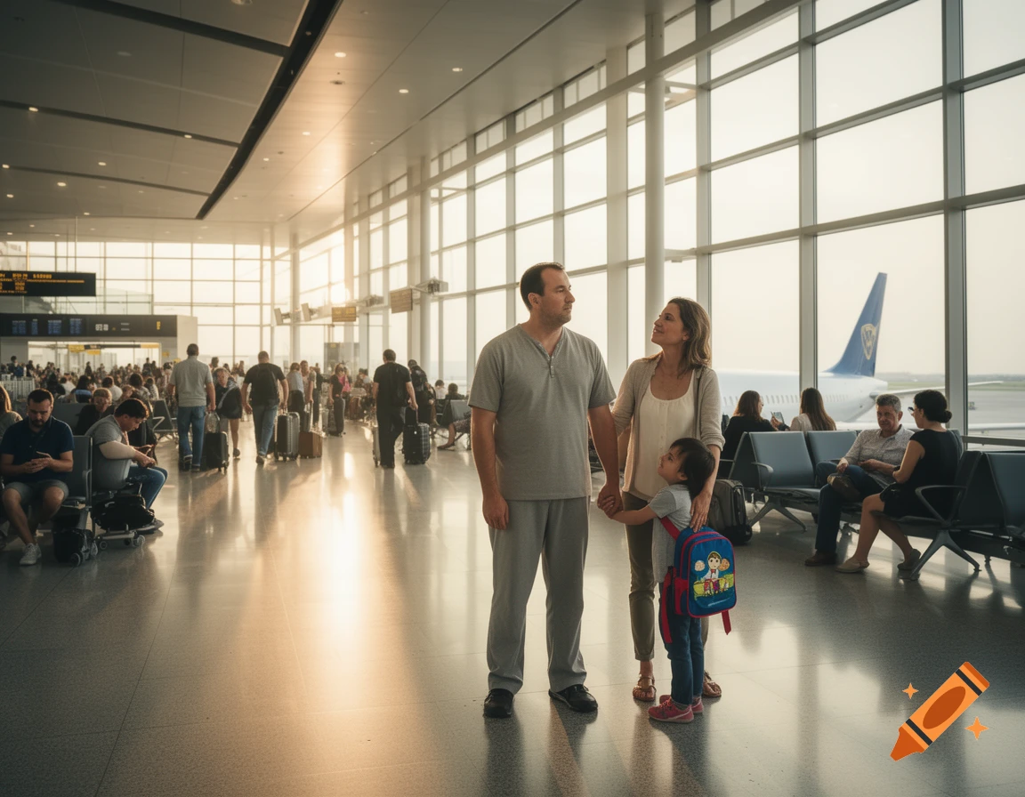 A family, a man, a woman, and a small child with a backpack, holding hands in a bright airport terminal with an airplane visible outside.