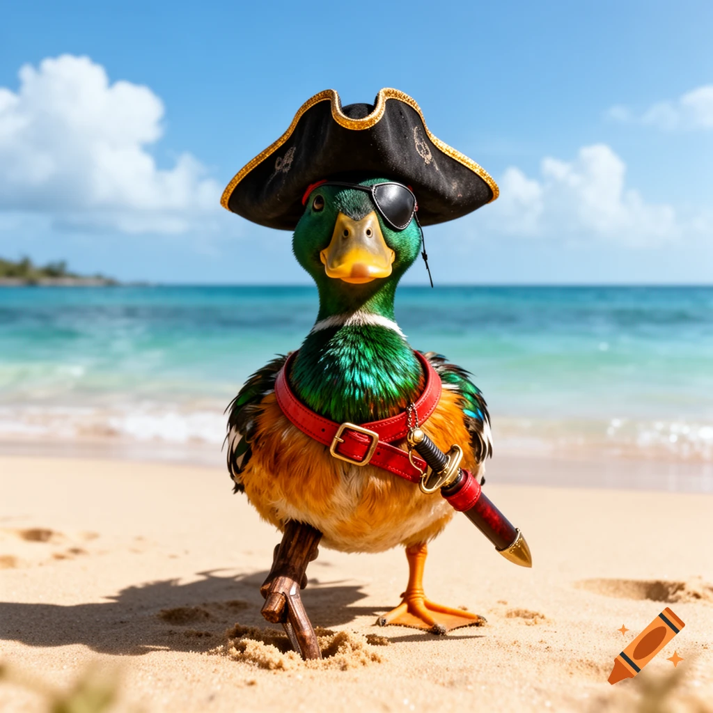 A photorealistic mallard duck dressed as a pirate with an eye patch, tricorn hat, red belt with a dagger, and a wooden peg leg, standing on a sandy beach with the ocean in the background under a blue sky.