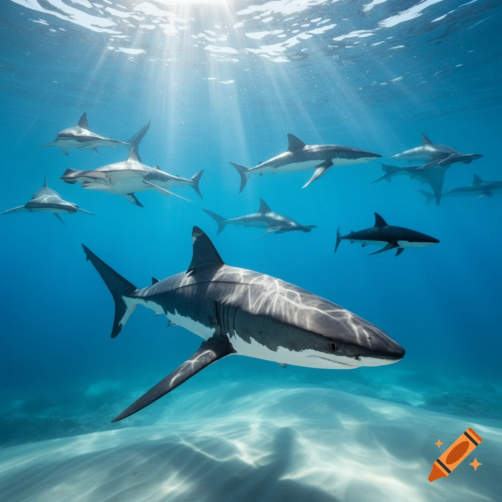 Photorealistic image of a school of sharks, including a great white and hammerhead, swimming in clear blue ocean water with sun rays filtering from above.