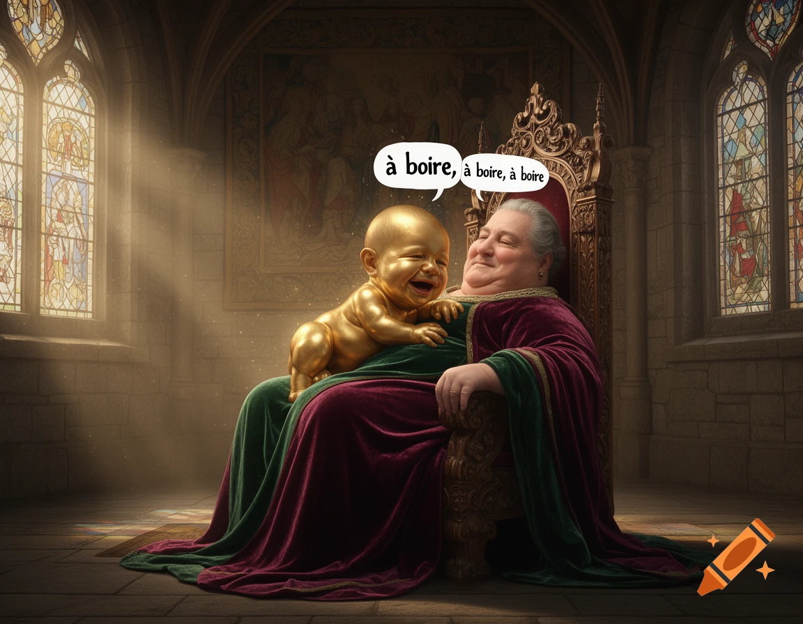 A golden baby sits on a smiling queen's lap in a grand castle throne room, with speech bubbles showing French text.