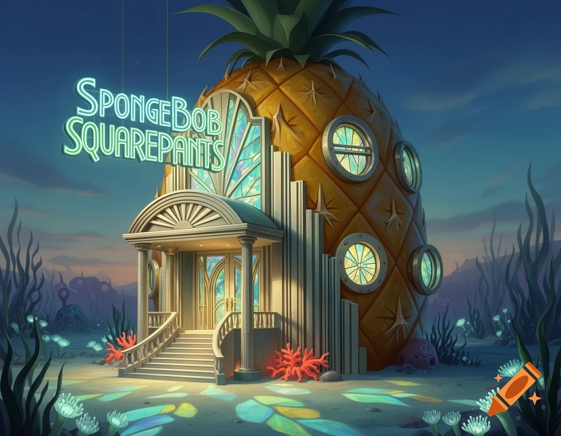 Grand Art Deco pineapple house with 'SpongeBob SquarePants' neon sign, set in a whimsical underwater scene with coral and glowing plants.