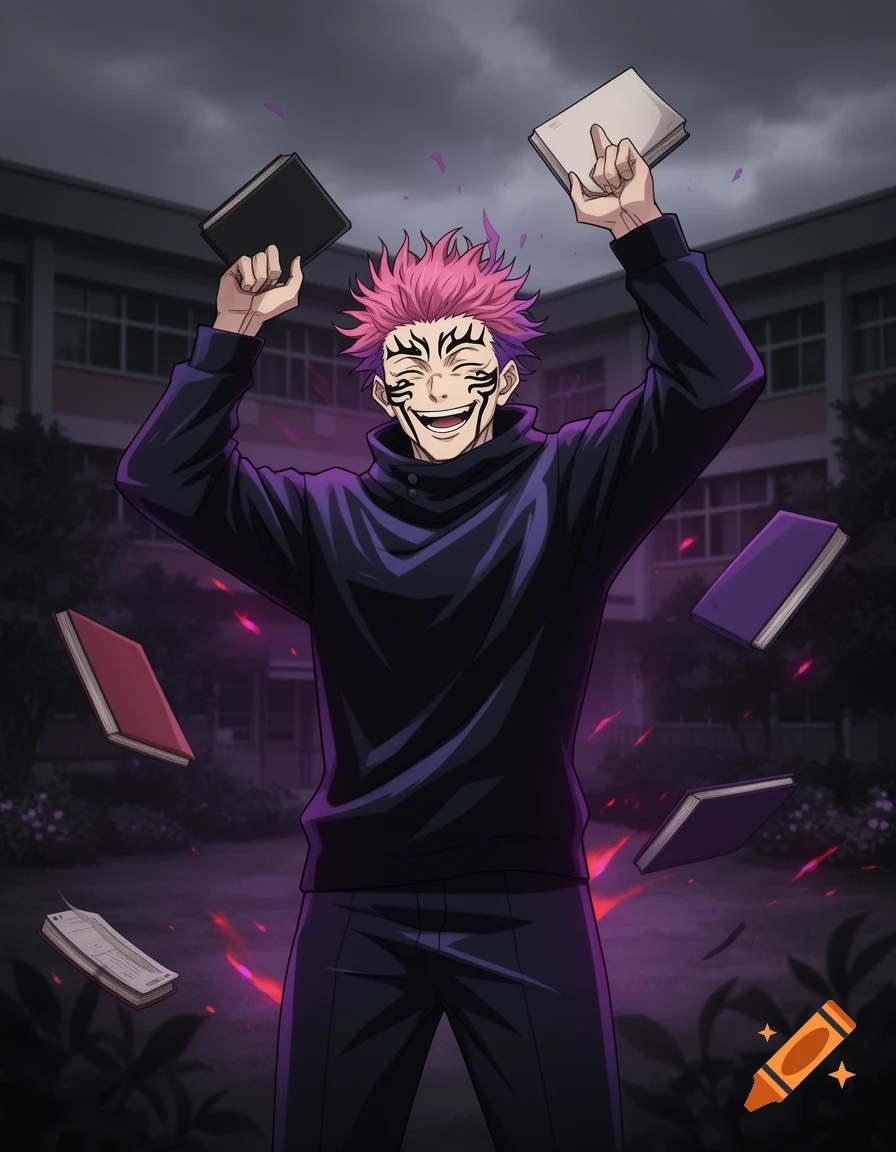 Anime character Sukuna with pink hair and facial tattoos, grinning evilly as he throws books into the air in a dark schoolyard.