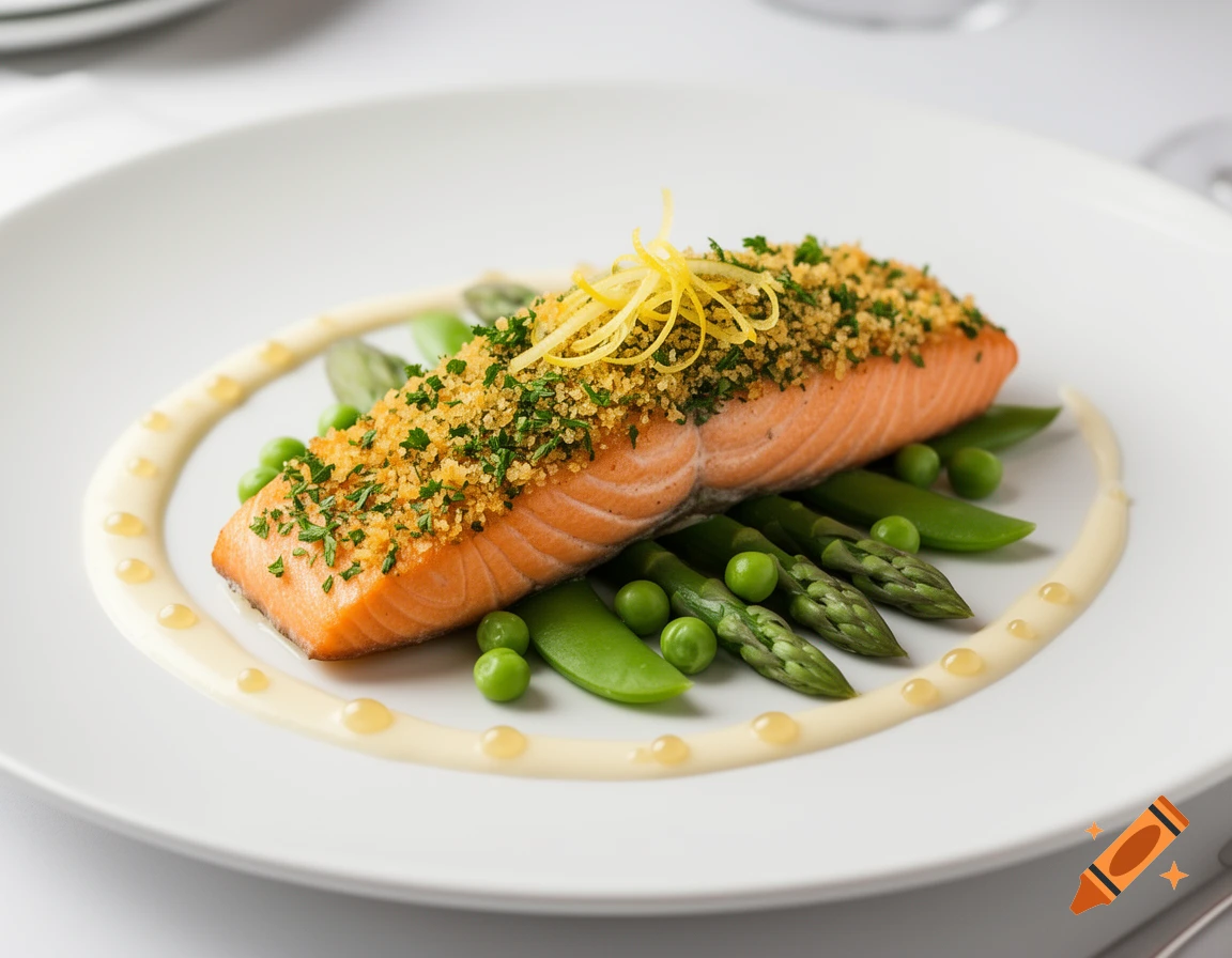 Photorealistic Michelin star salmon fillet with a golden herb crust, elegantly plated with green asparagus, peas, and beurre blanc sauce on a white plate.
