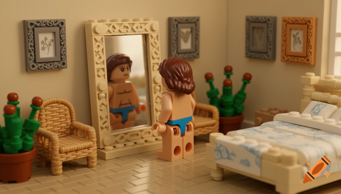 A LEGO minifigure in blue underwear stands before a mirror in a detailed, photorealistic LEGO bedroom scene.