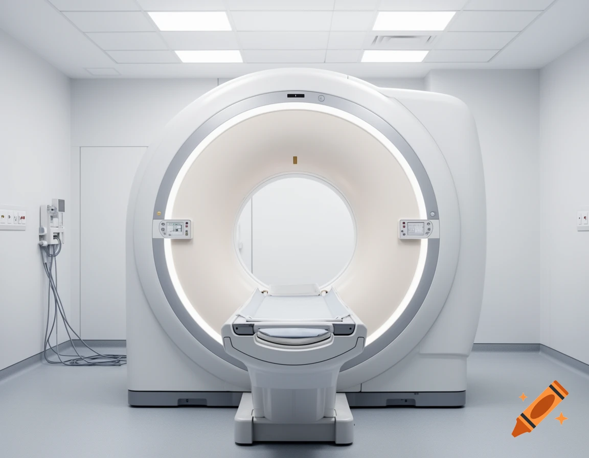 Photorealistic image of a large, white MRI machine with a patient bed in a sterile, brightly lit medical room.