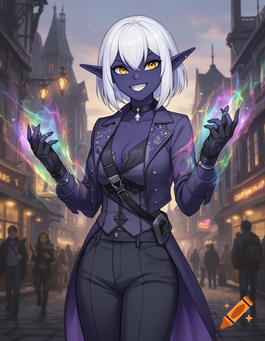 Anime Drow elf sorceress with white hair and indigo skin, casting prismatic magic in a fantasy city street.