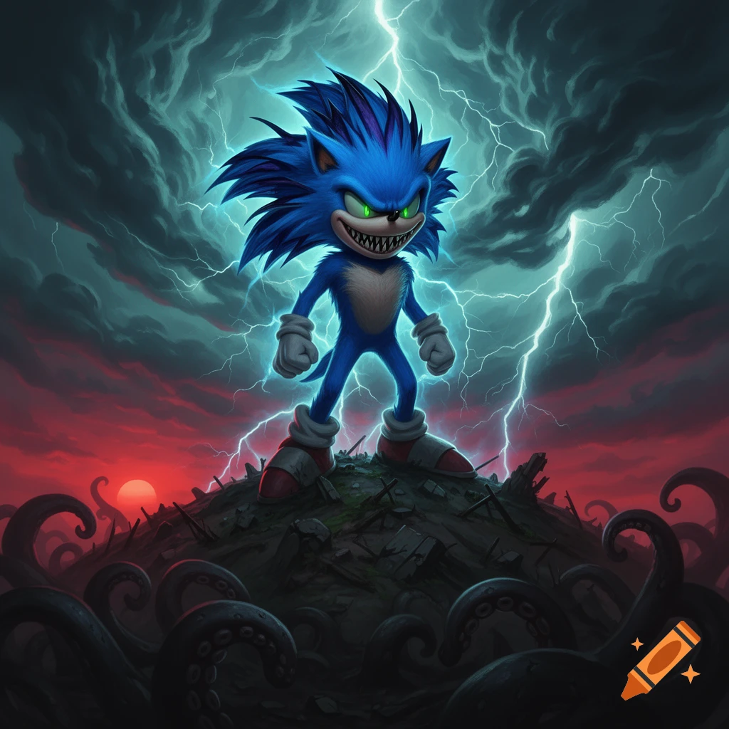 Evil Sonic with sharp teeth and glowing green eyes stands on a debris pile under a lightning storm with a red sky and dark tentacles, in a fantasy art style.
