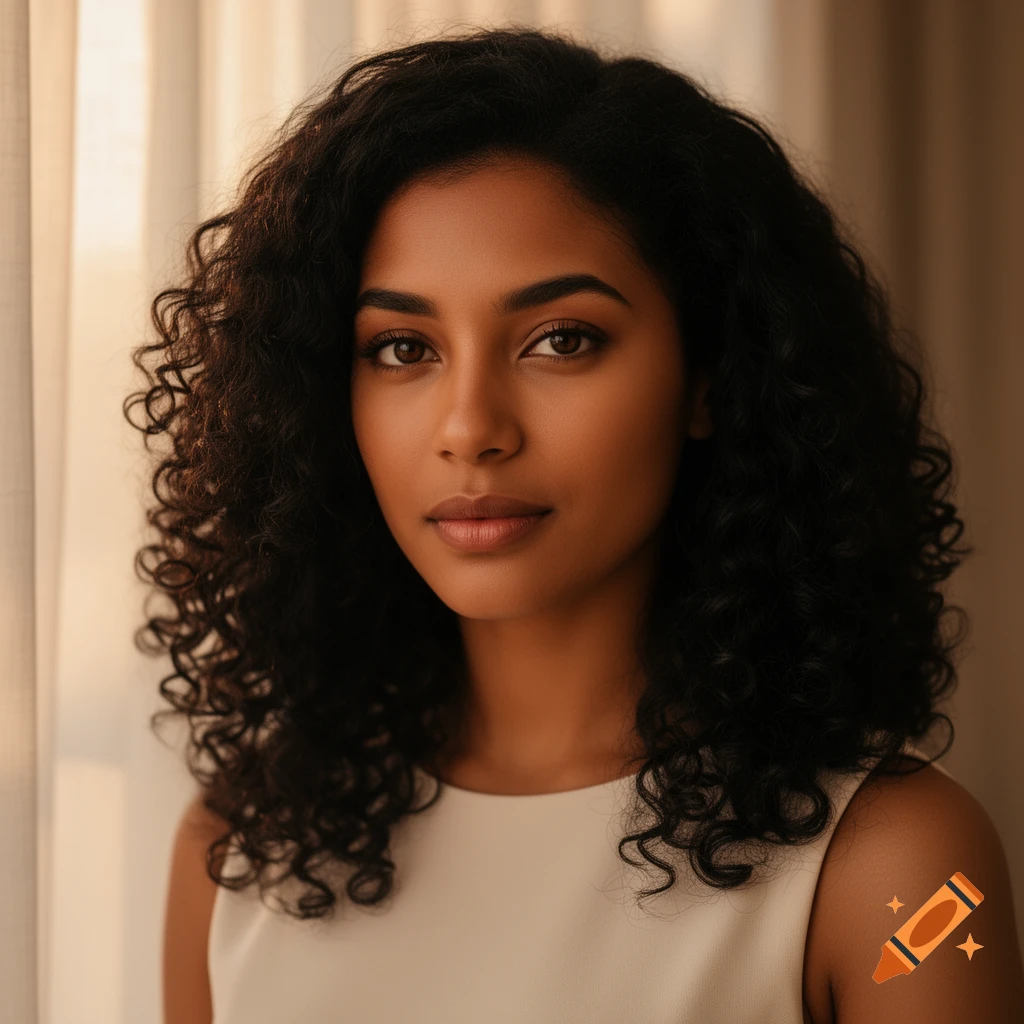 A photorealistic portrait of a woman with dark curly hair and brown eyes, looking directly at the viewer.