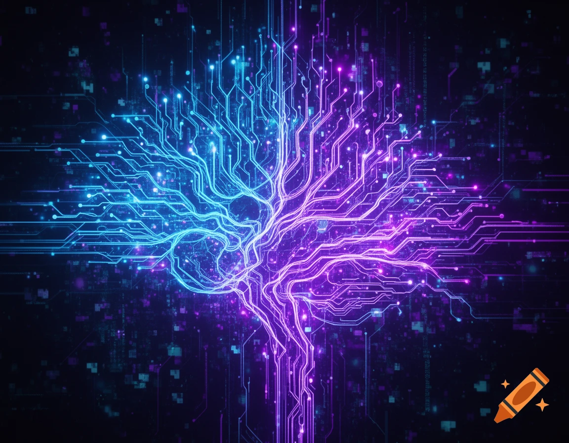 A glowing neural network resembling a brain or tree, composed of blue and purple circuit lines on a dark digital background.