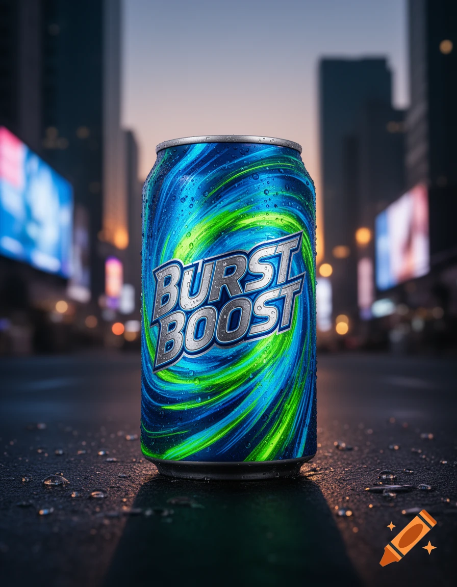 A photorealistic close-up of a condensation-covered blue and green 'Burst Boost' energy drink can on wet pavement in a blurred city at dusk.