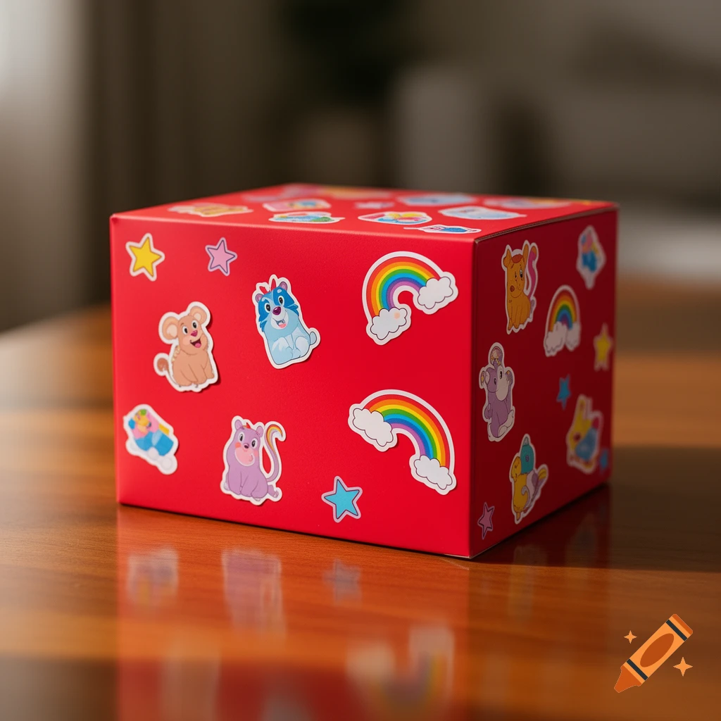 A red gift box covered with colorful cartoon animal, rainbow, and star stickers on a wooden table.