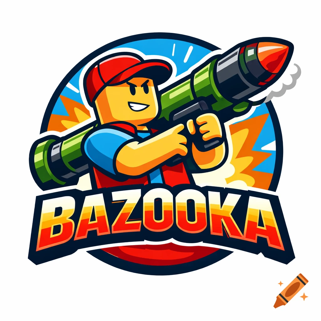 A colorful cartoon logo features a Roblox-style character in a red cap, smiling and holding a green bazooka, with the word BAZOOKA below.