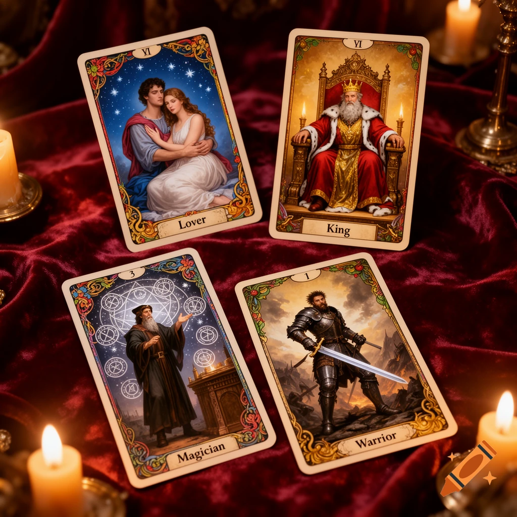 Four tarot cards, 'Lover', 'King', 'Magician', and 'Warrior', are spread out on a rich red velvet cloth, illuminated by glowing candles. Artistic illustration style.
